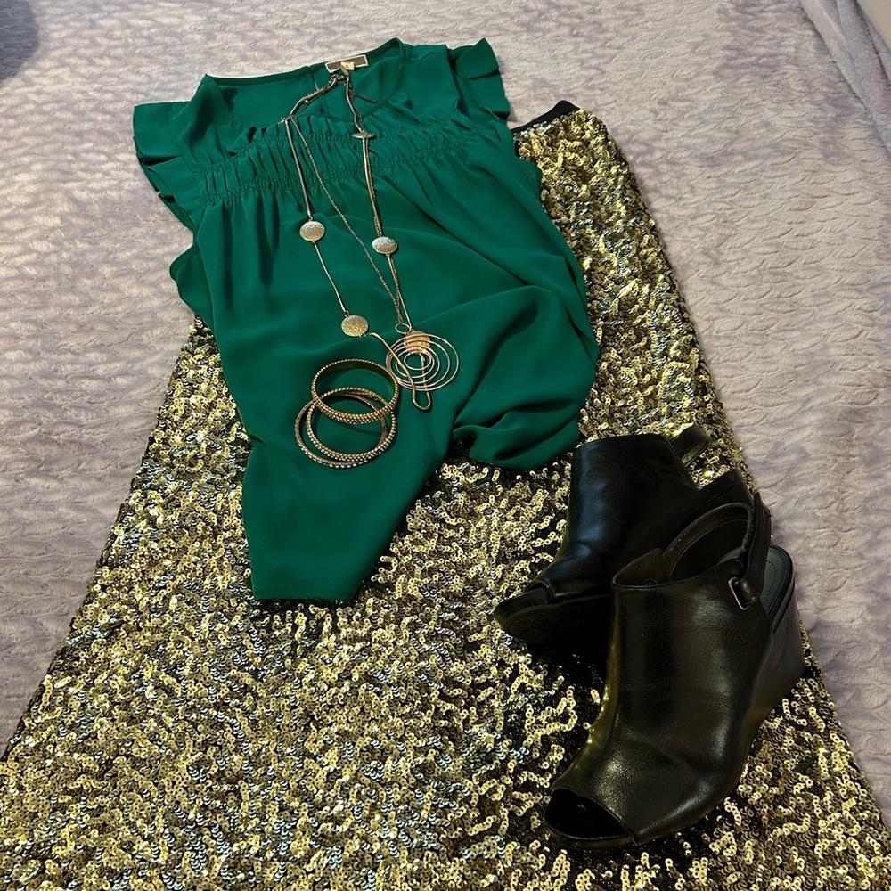 Gold sequined maxi pencil skirt (accessories not included).